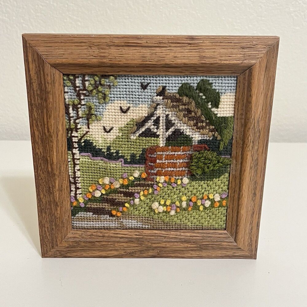 Vintage Wishing Well Floral Scene Needlepoint Longstitch Completed Art in Frame